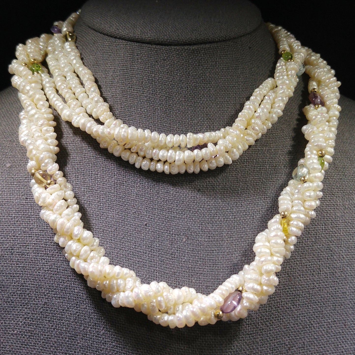 Sand Pearls & Gemstones Long Twisted Necklace, 4 Strands, No Clasp, 1970s Vintage Jewelry