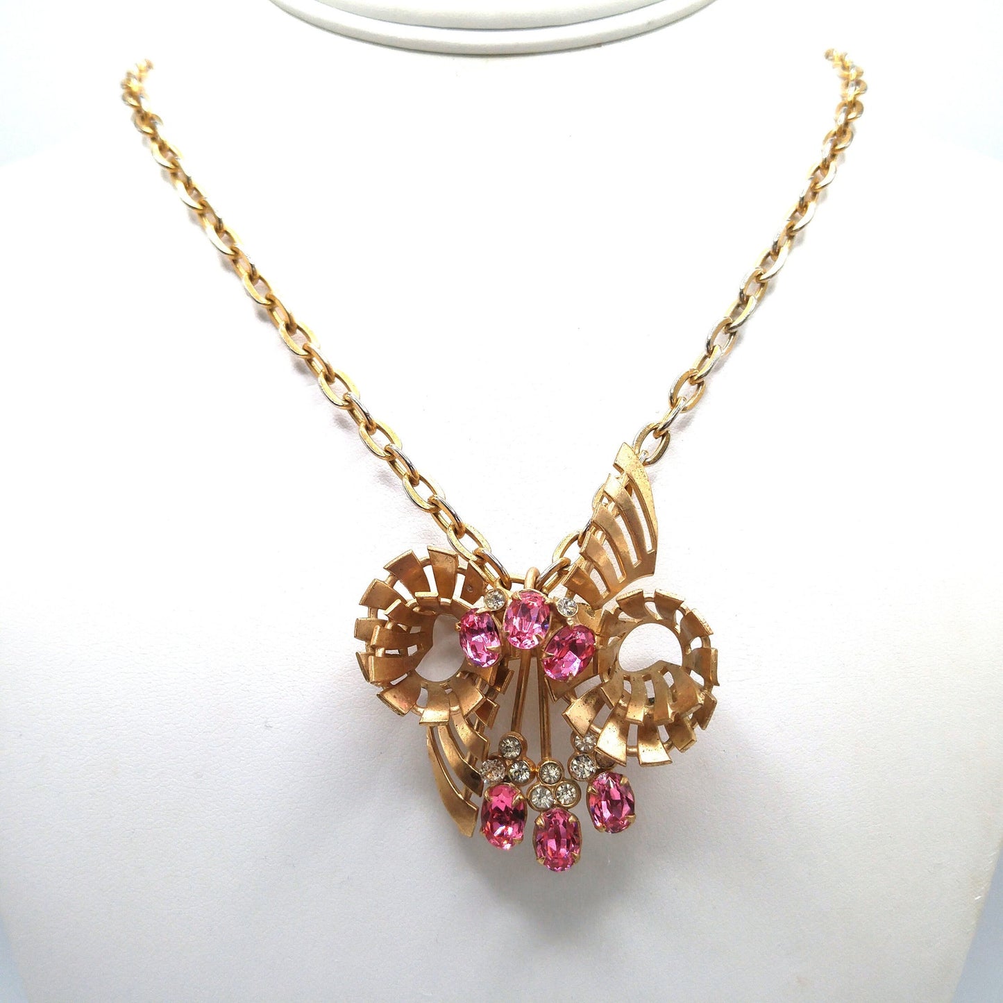 Pink Rhinestone Brooch Pendant Necklace, Gold Plated Pendant Brooch Combo, 1940s Vintage Jewelry