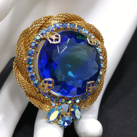 Large Blue Glass & AB Rhinestones Brooch, Gold Plated Mesh Frame, 1960s Vintage Jewelry