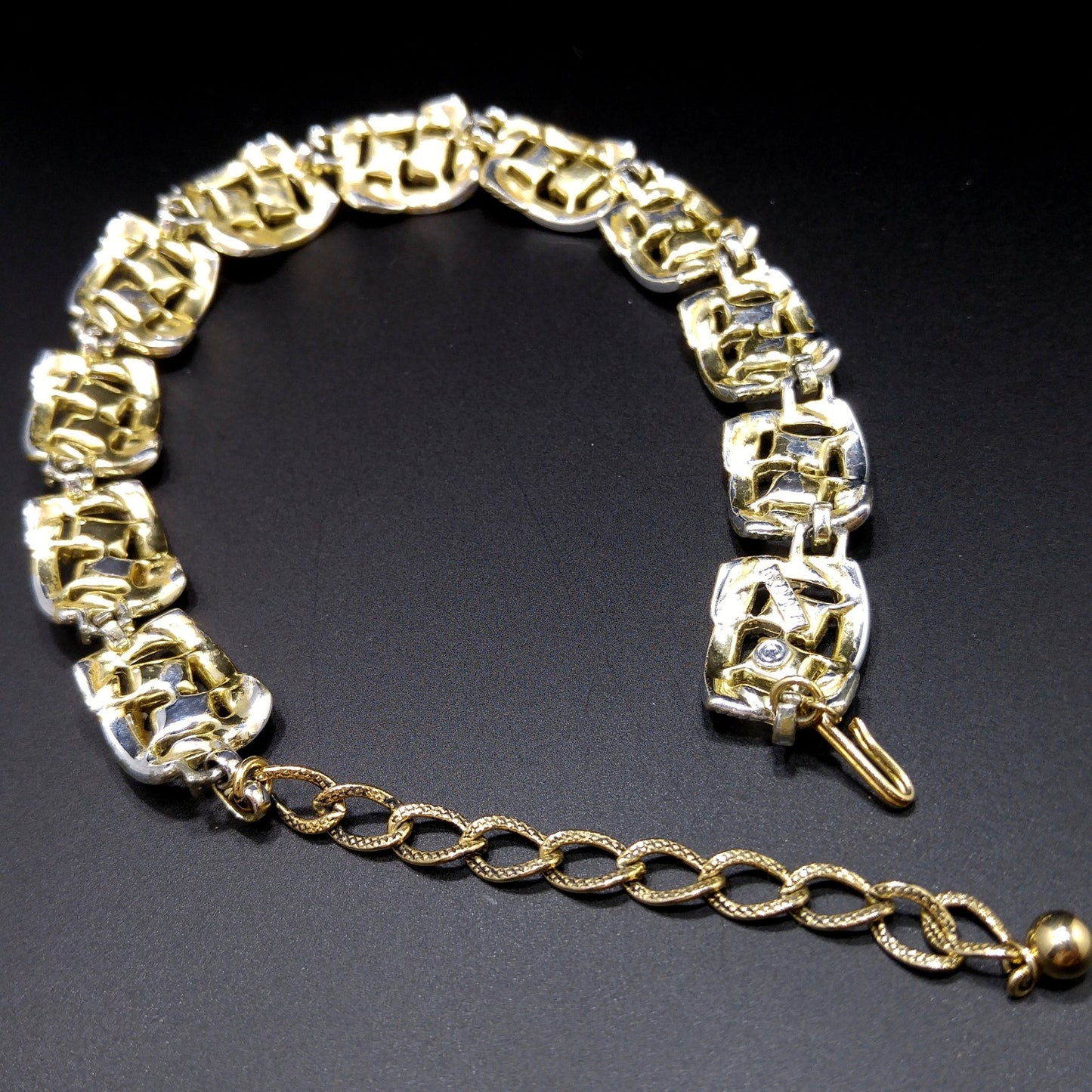 Kramer Topaz Rhinestone Choker Necklace, Gold Plated Black Enamel, 1950s Vintage Jewelry