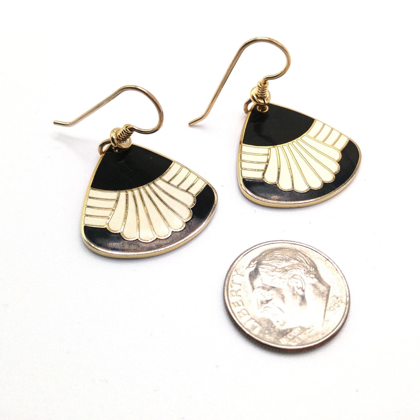 Vintage Laurel Burch "Waterfall" Drop Earrings, Black White Enamel, Gold Plated