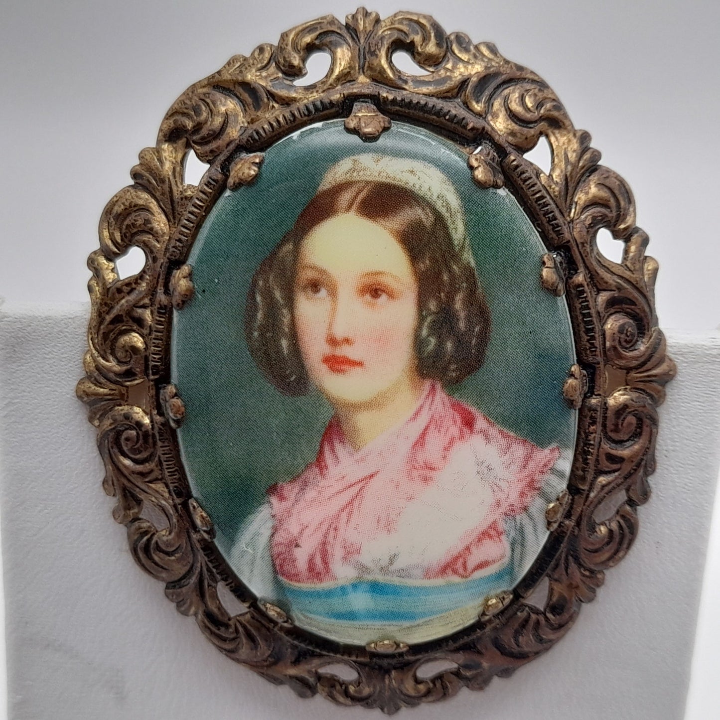 Western Germany Vintage Brooch Earrings Set Portrait Transfer on Glass Gold Tone