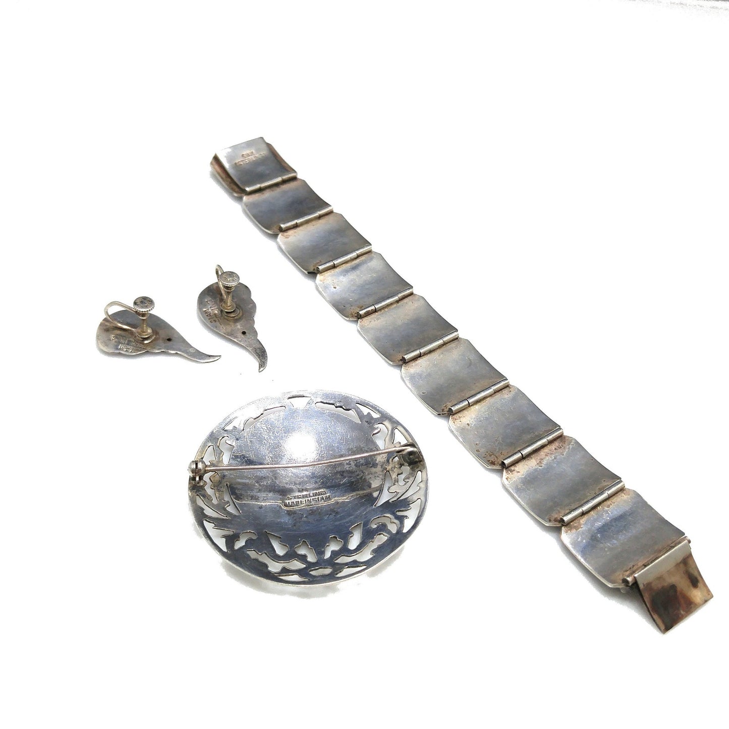 Sterling Silver Jewelry: Bracelet, Screw Back Earrings, Brooch, Stamped Sterling Made in Siam, 1930s Vintage Jewelry