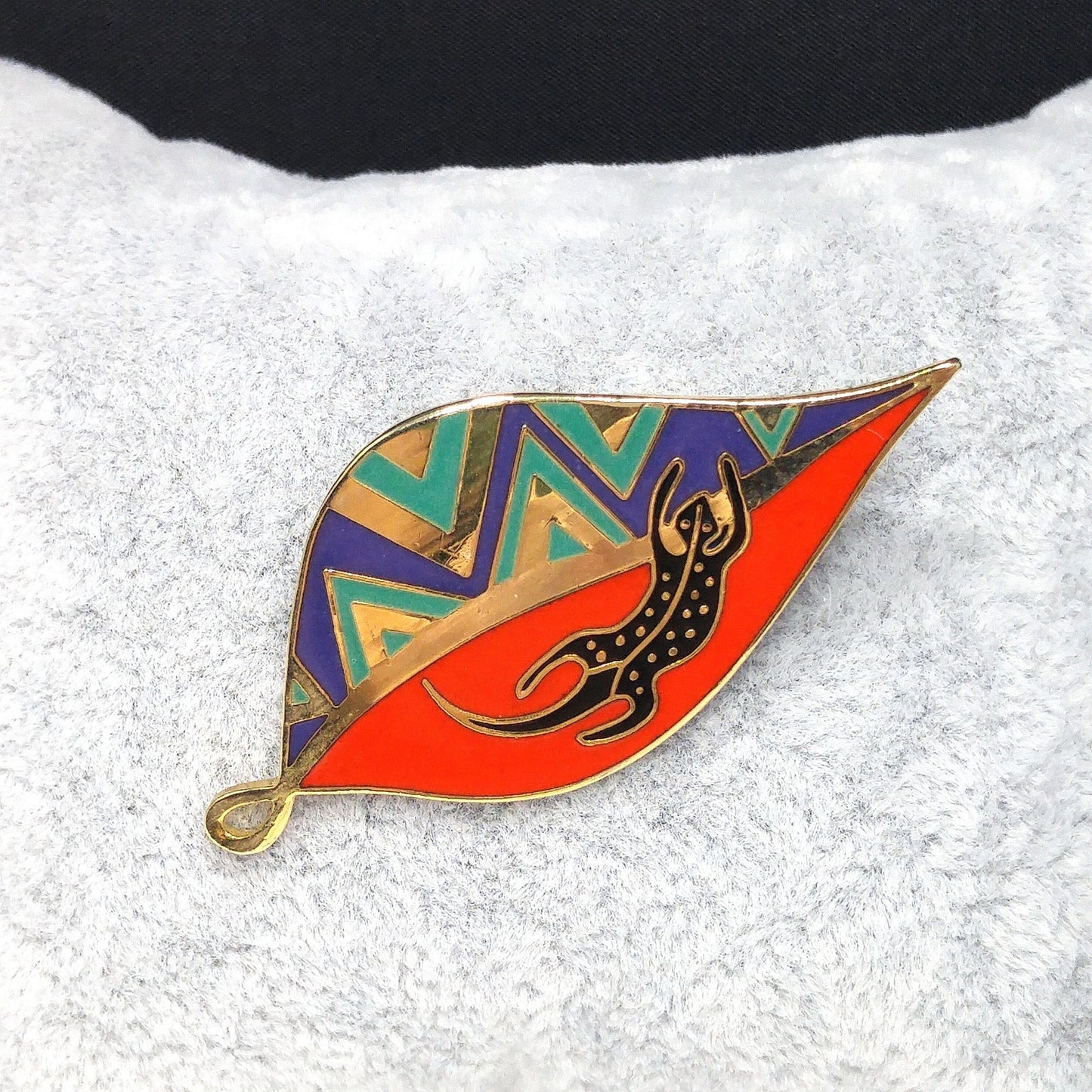 Laurel Burch "Leaf Lizard" Brooch & Pendant, Cloisonné Gold Plated, Enamel, 1980s Vintage Jewelry