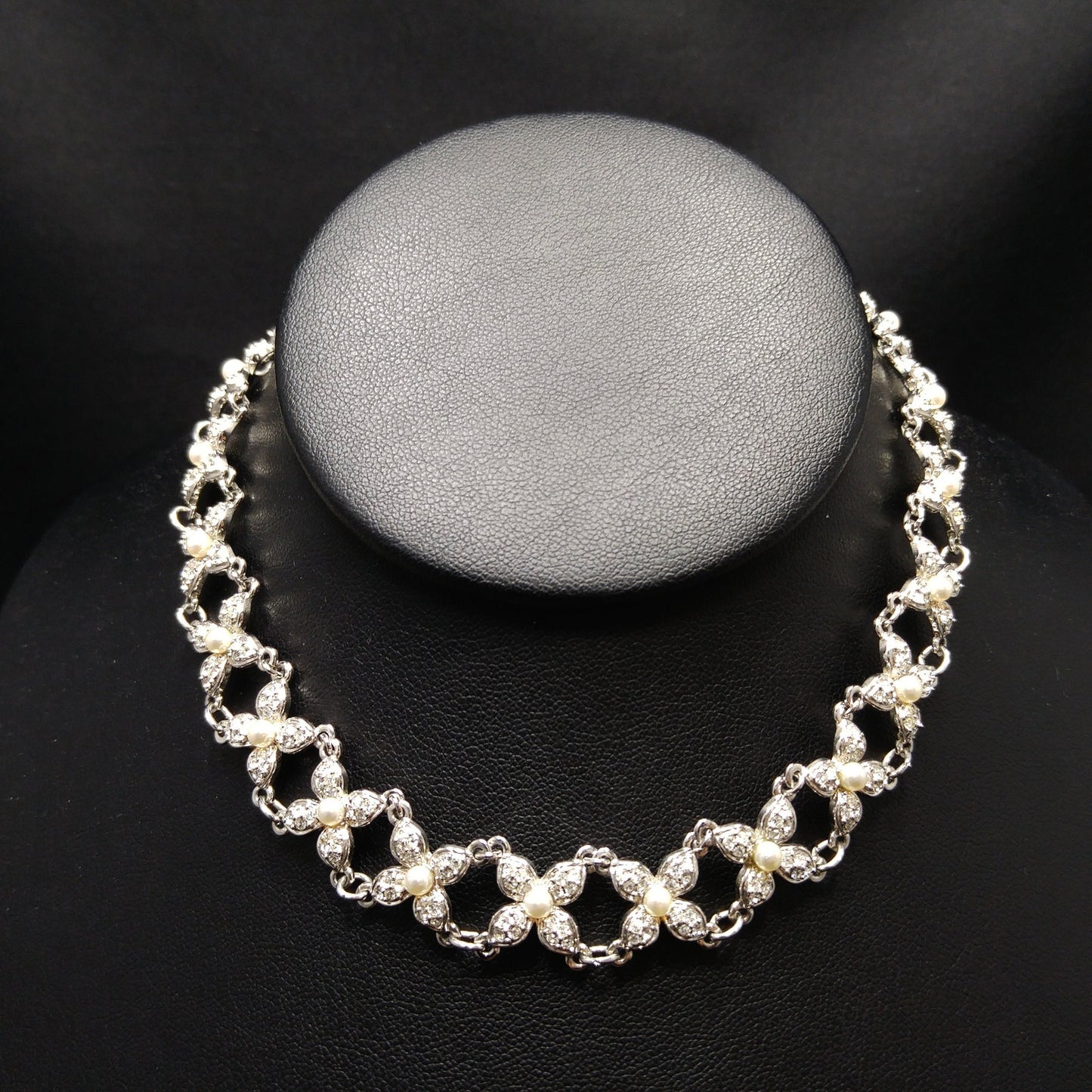 Vintage Swarovski Swan Logo Pearl Rhinestone Floral Choker Necklace 1990s