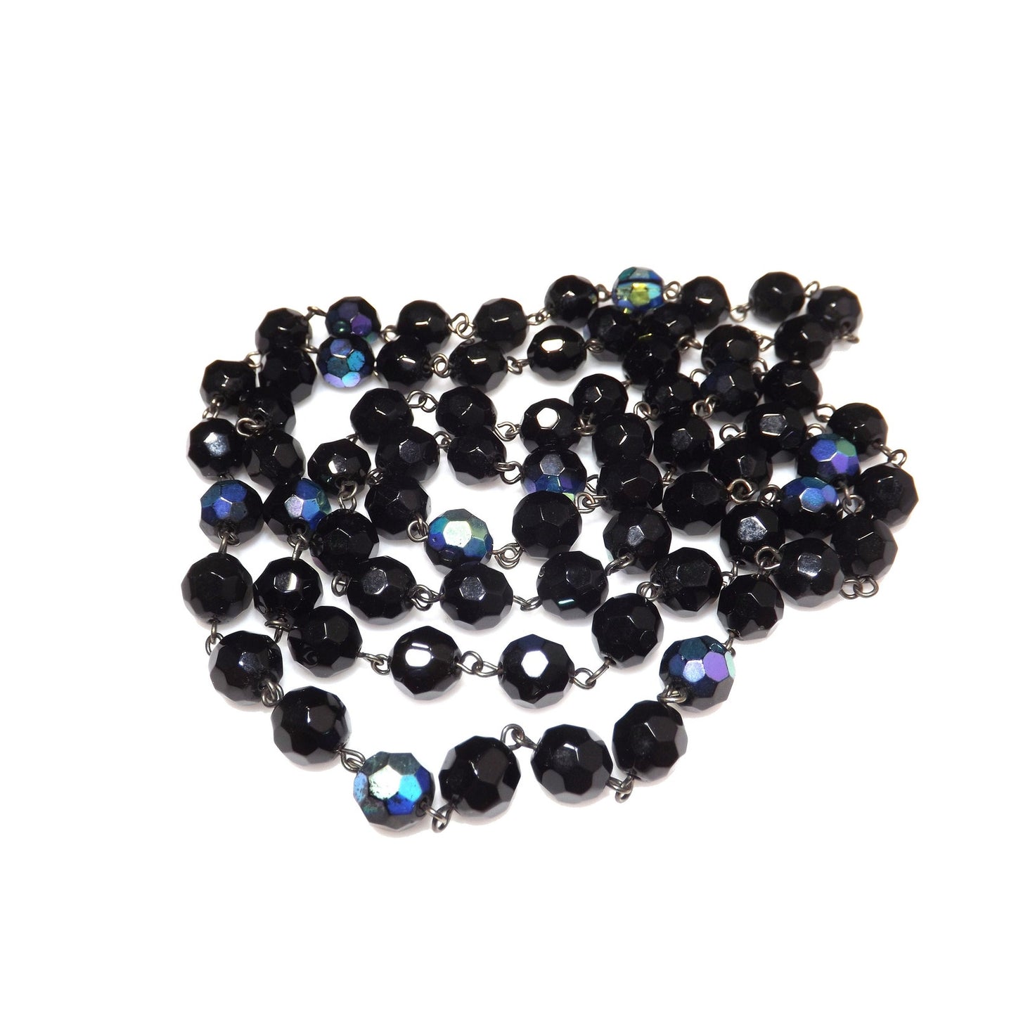 Long Black Crystal Beaded Necklace, Aurora Borealis, No Clasp, 1970s Vintage Jewelry