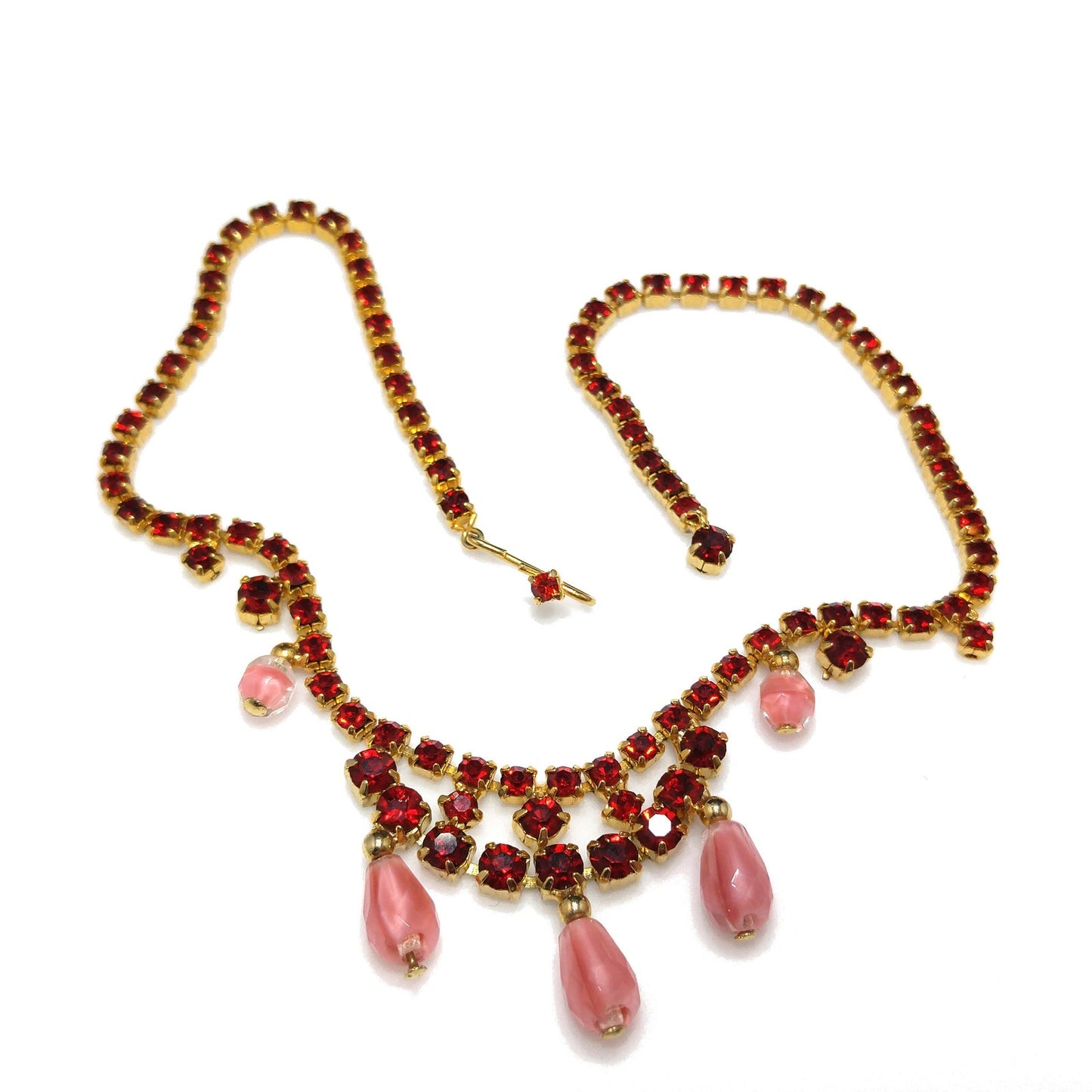 Red Rhinestone Pink Bead Choker Necklace, Gold Plated, 1950s Vintage Jewelry