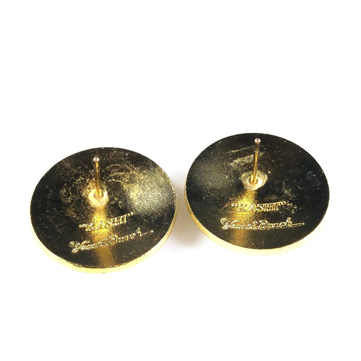 Laurel Burch "Kashi" Post Earrings, Cream & Gray Enamel, Gold Plated, 1980s