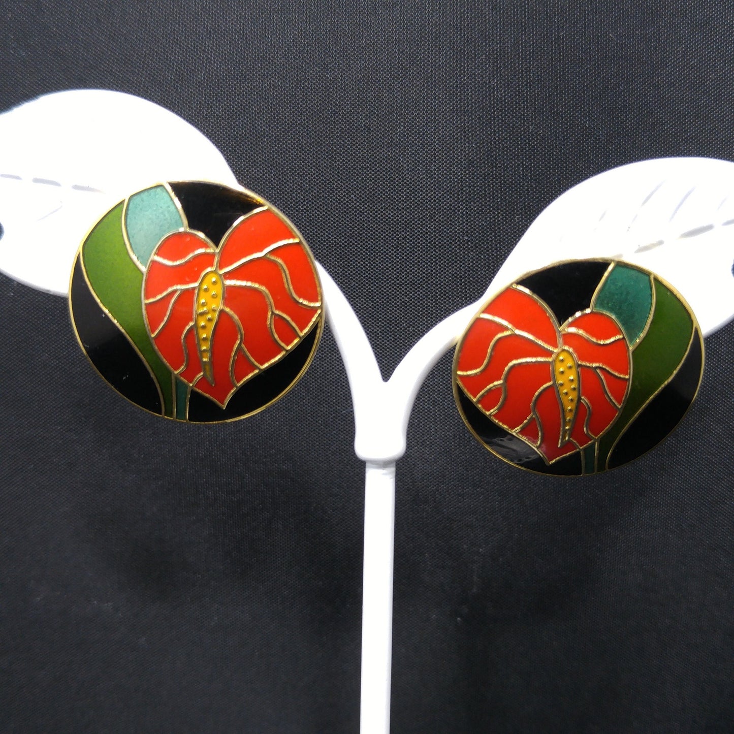 Vintage Laurel Burch Red "Antherium" Post Earrings, Gold Plated