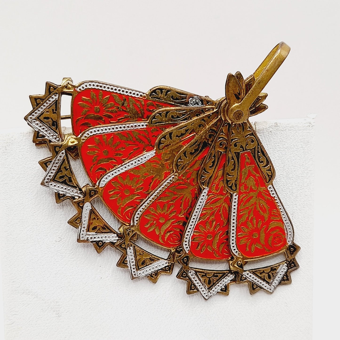 Vintage Spanish Damascene Articulated Fan Brooch Pin Pendant - Signed SPAIN - Black Gold Inlay Jewelry