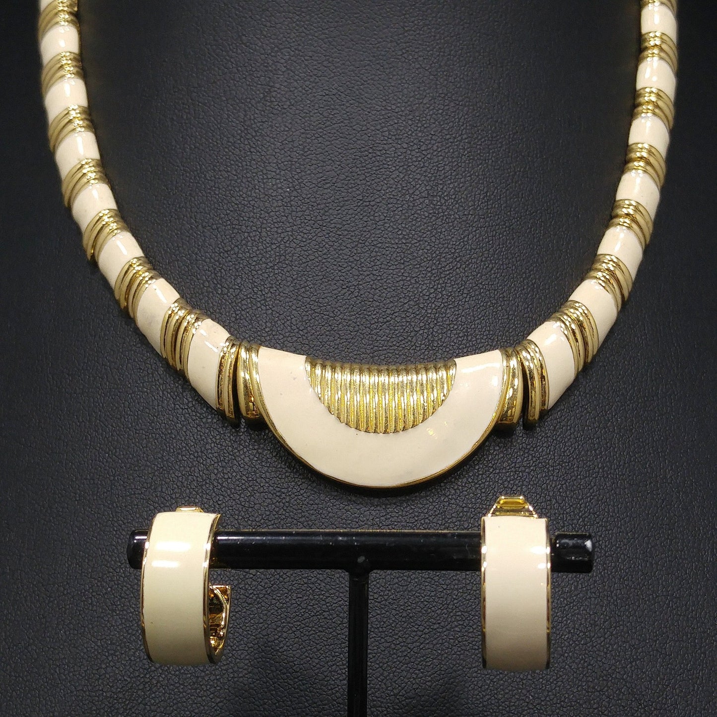 Monet Cream Enamel Gold Plated Necklace & Earrings, 1980s Vintage Jewelry