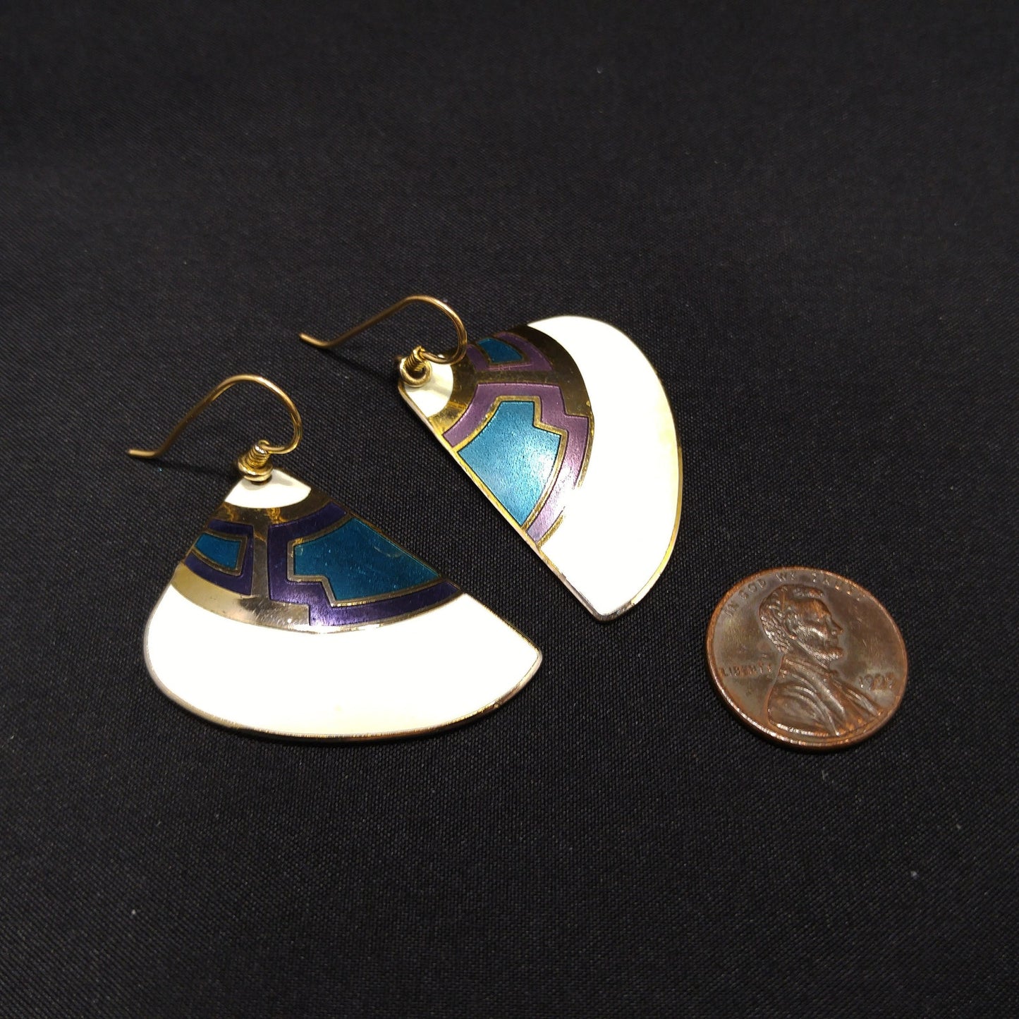 Laurel Burch White Purple Blue Enamel Fan Earrings, Gold Plated Cloisonne, 1980s Vintage Jewelry