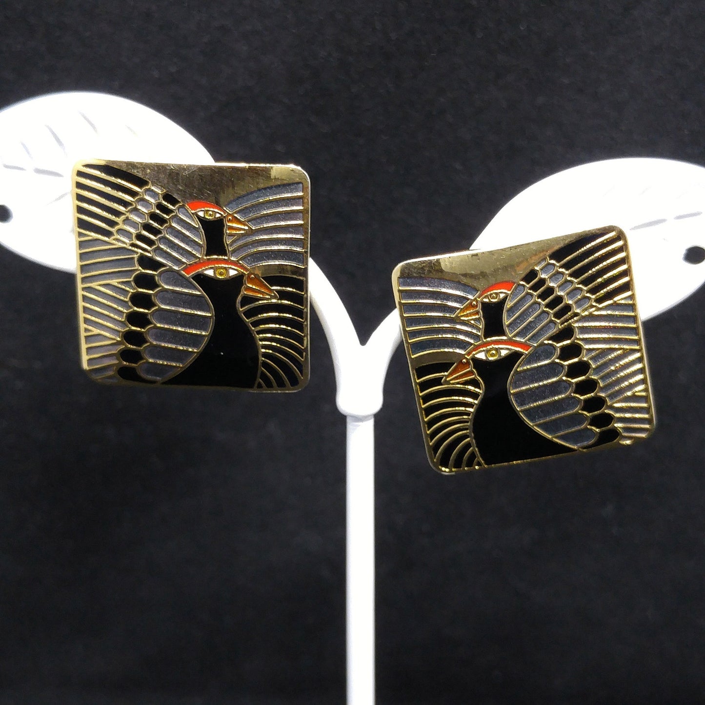 Laurel Burch "Moondoves" Post Earrings, Black Birds, Gold Plated, 1980s