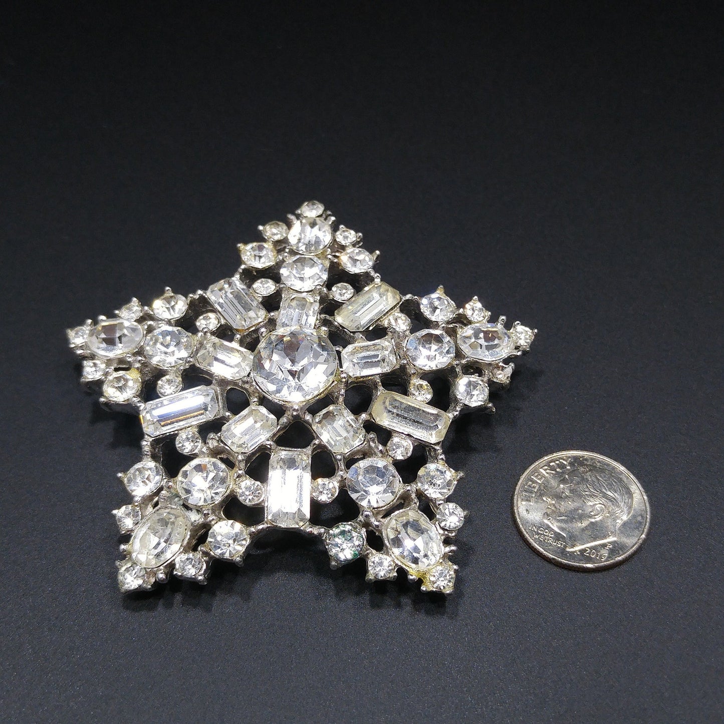 Vintage Clear Rhinestone Five Star Brooch, Heavily Rhodium Plated, 1950s Vintage Jewelry