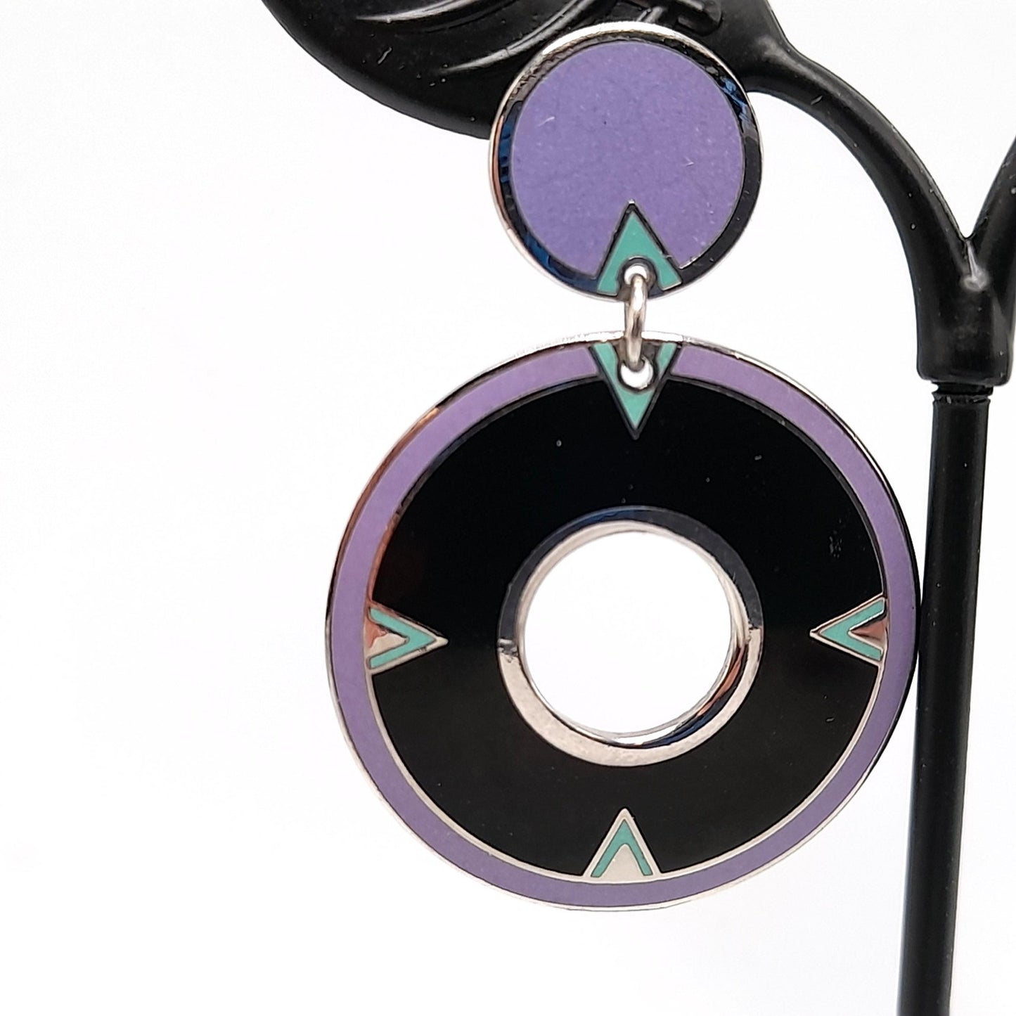 Laurel Burch "Summer Moon" Drop Earrings, Cloisonne Enamel, Rhodium Plate, Rare 1980s Vintage Jewelry