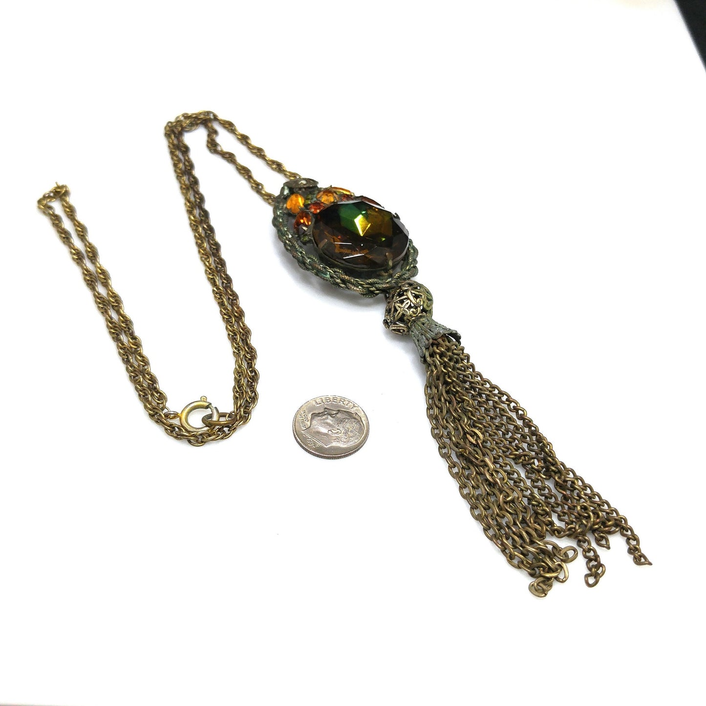 Victorian Purple Topaz Glass Pendant Necklace, Golden Brass, 1920s Vintage Jewelry