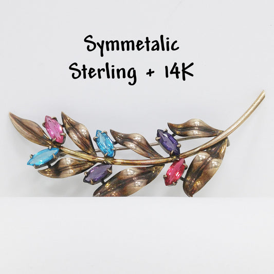 Symmetalic Sterling & 14K Gold Brooch, Rhinestone Accents, 1940s Vintage Jewelry