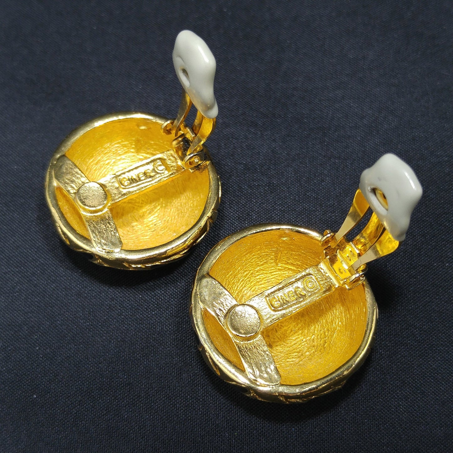 Ciner Gold & Black Clip Earrings, Gold Plated, Black Enamel, 1980s Vintage Jewelry