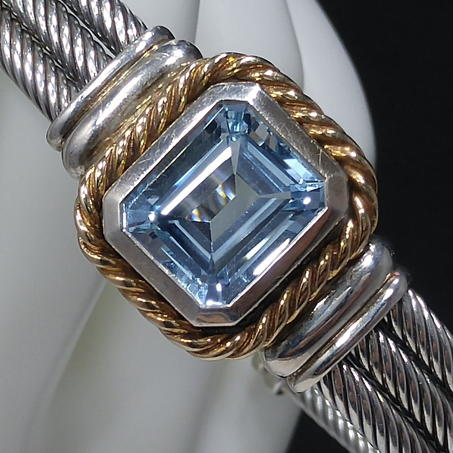 Blue Topaz Sterling Gold Trim Cuff Bracelet, Thailand 925 14K, 1990s Vintage Jewelry