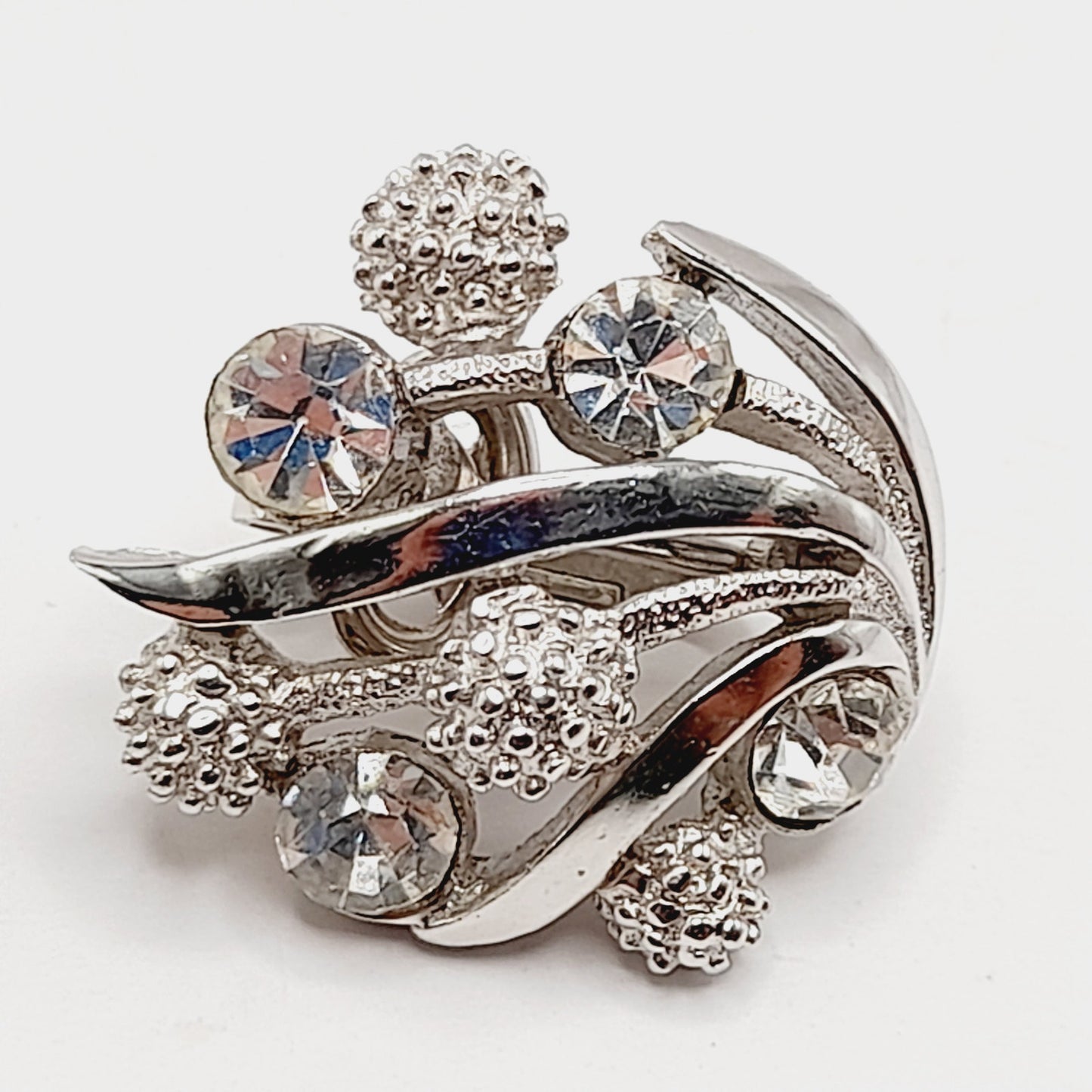 Vintage Crown Trifari Rhinestone Clip Earrings – Rhodium Plated Mid Century Jewelry
