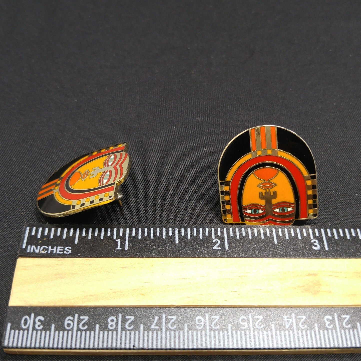 Laurel Burch "Maori" Tribal Face Mask Post Earrings, Cloisonne Enamel, 1980s