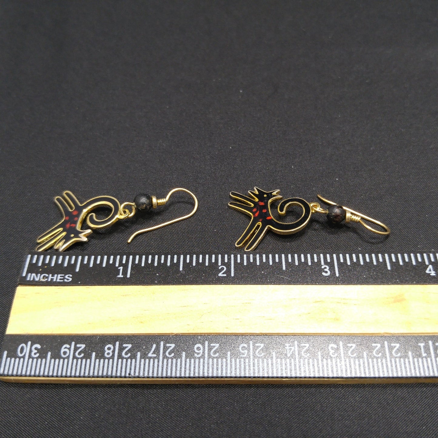 Vintage Laurel Burch Black Dog Earrings, Gold Plated, Cloisonne Enamel