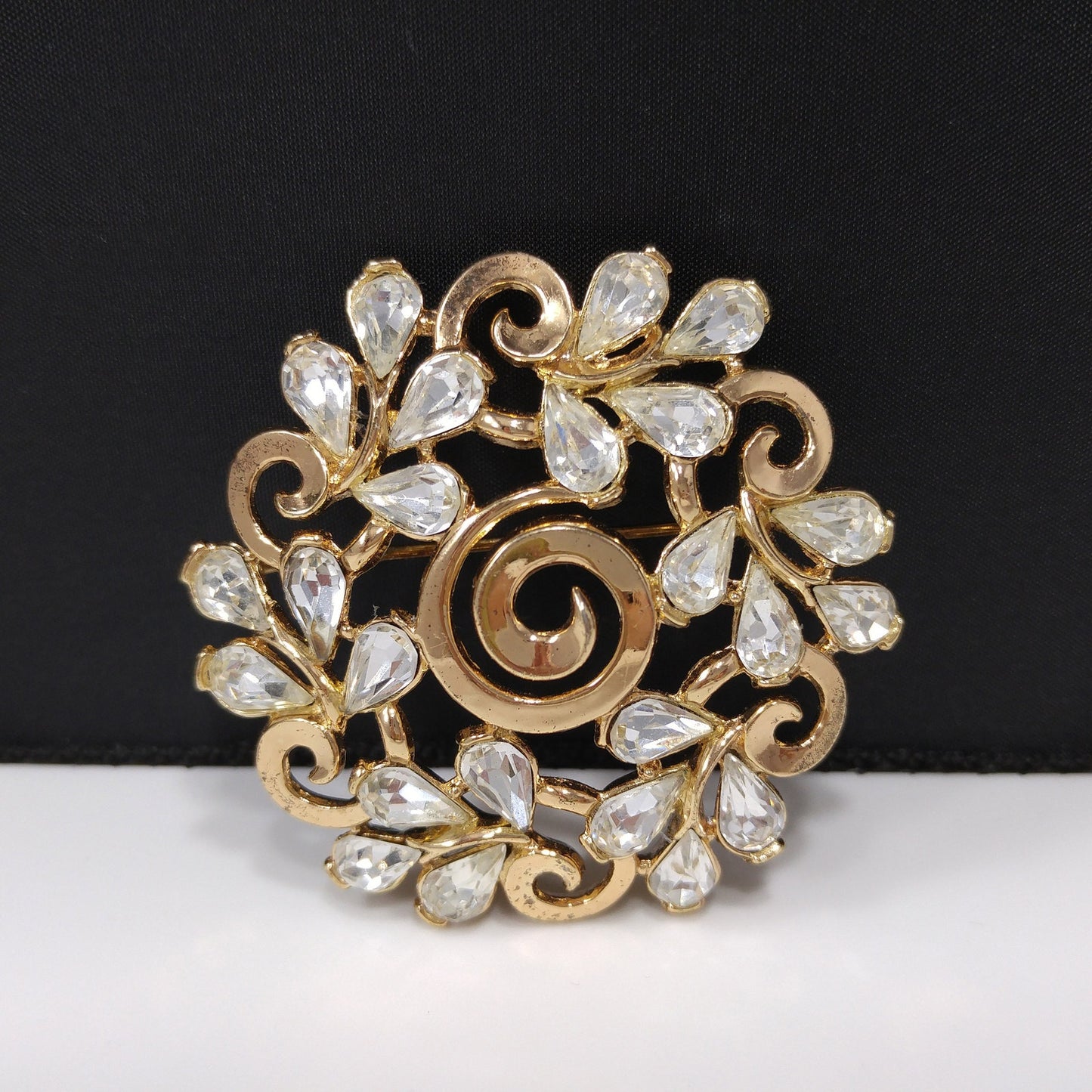 Crown Trifari Floral Brooch, Gold Plated, Clear Rhinestones, 1960s Vintage