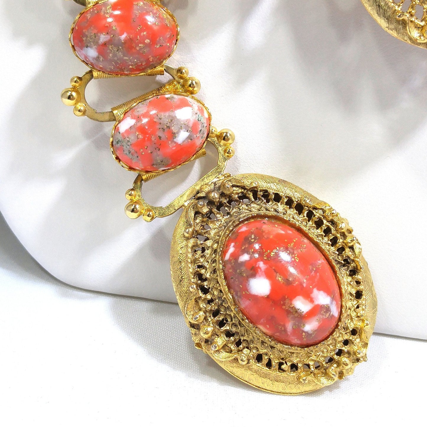 Book Chain Orange Gold Cabochon Lucite Belt or Long Necklace, Gold Robin's Egg Cabs, 36", 1960s Vintage Jewelry