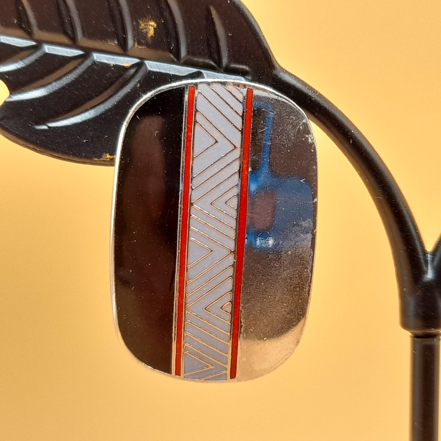Laurel Burch "Loloma" Post Earrings, Reflective Silver, Red Black Enamel, 1980s