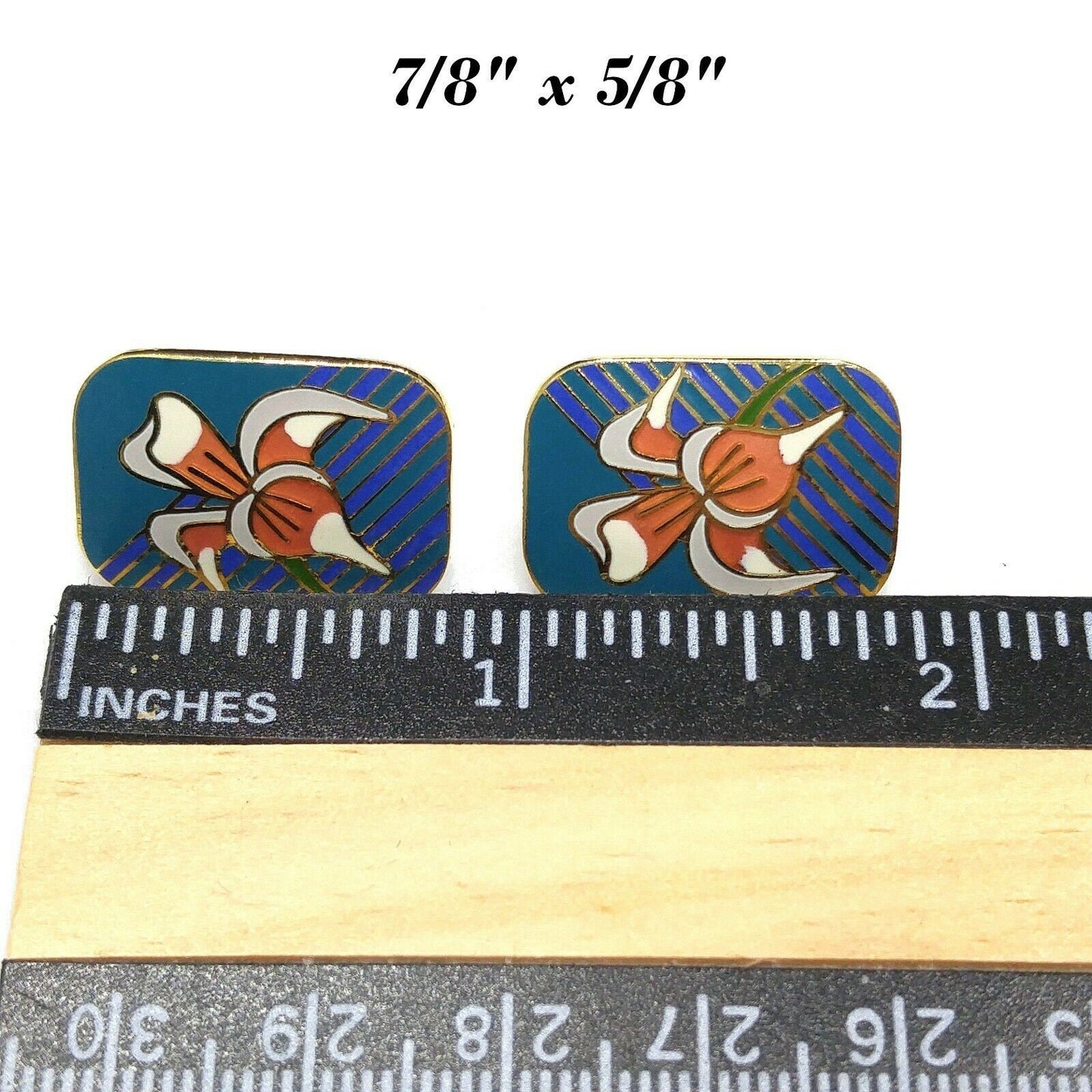 Laurel Burch Gold Plate "Iris" Teal Blue & Orange Enamel Cloisonne, 1980s