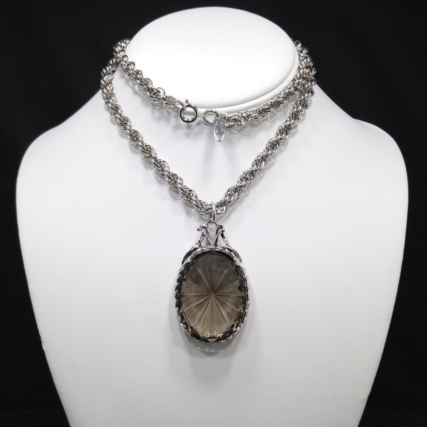 Whiting & Davis Smoky Tourmaline Faceted Pendant Necklace, Rope Chain, 1960s