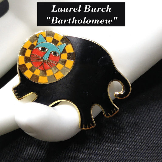 Laurel Burch "Bartholomew" Brooch, Gold Plated Cloisonné, Black Gold Enamel, 1980s Vintage Jewelry