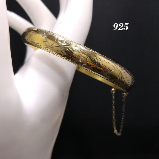 Vermeil Sterling Embossed Hinged Bracelet, Stamped 925, 1940s Vintage Jewelry