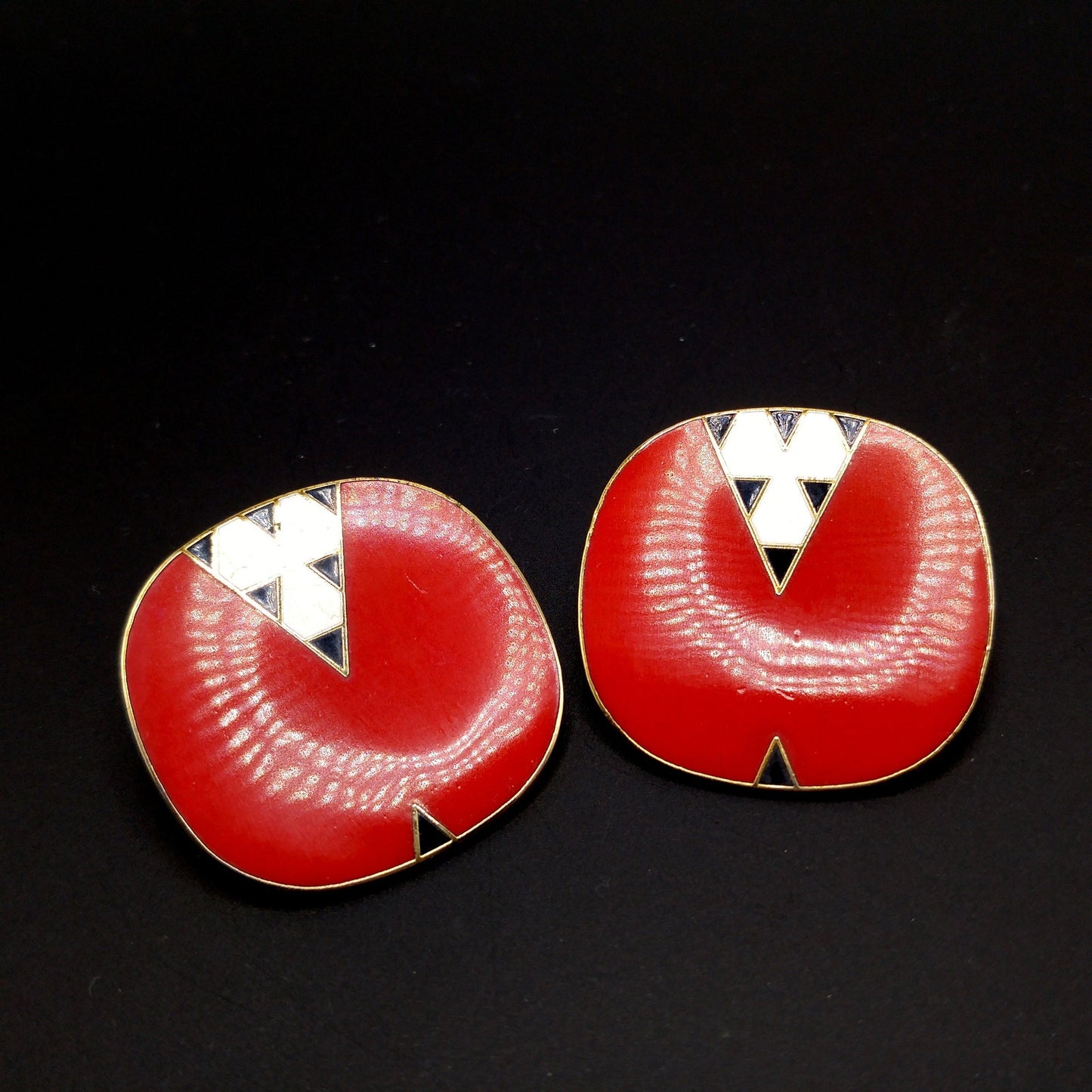 Laurel Burch "Mantra" Large Clip Earrings, Red White Black Enamel, Gold Plated, 1980s Vintage Jewelry