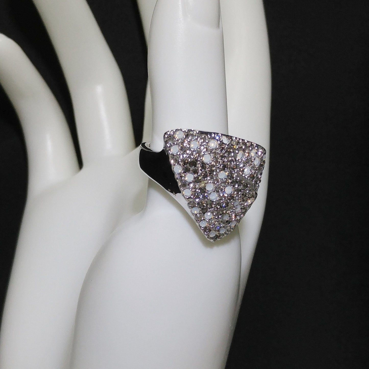 Swarovski Rhinestone Cocktail Ring, Triangular Shape, Clear Smoky & Faux Opal Crystals, Vintage Size 8.5, Swan Logo