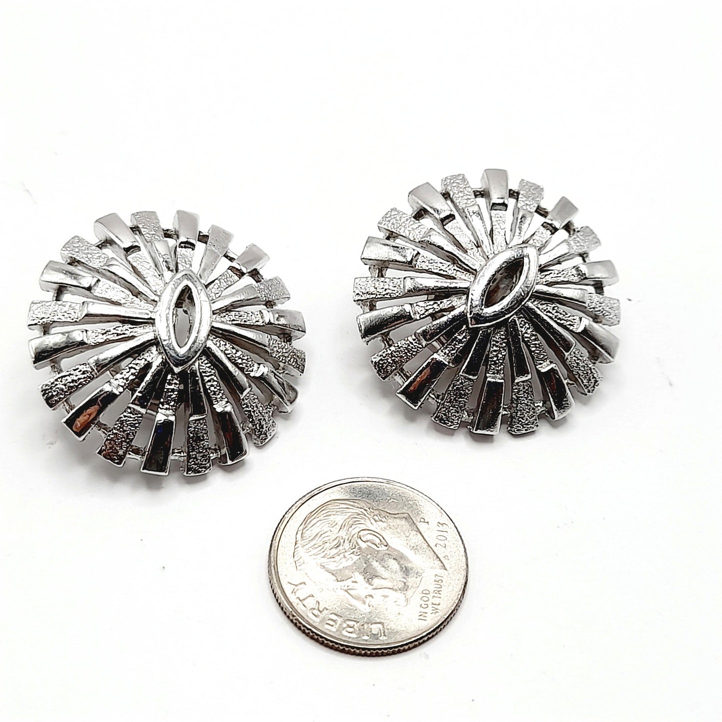 Vintage Crown Trifari Rhodium Plated Clip Earrings, Mid-Century Sunburst Jewelry