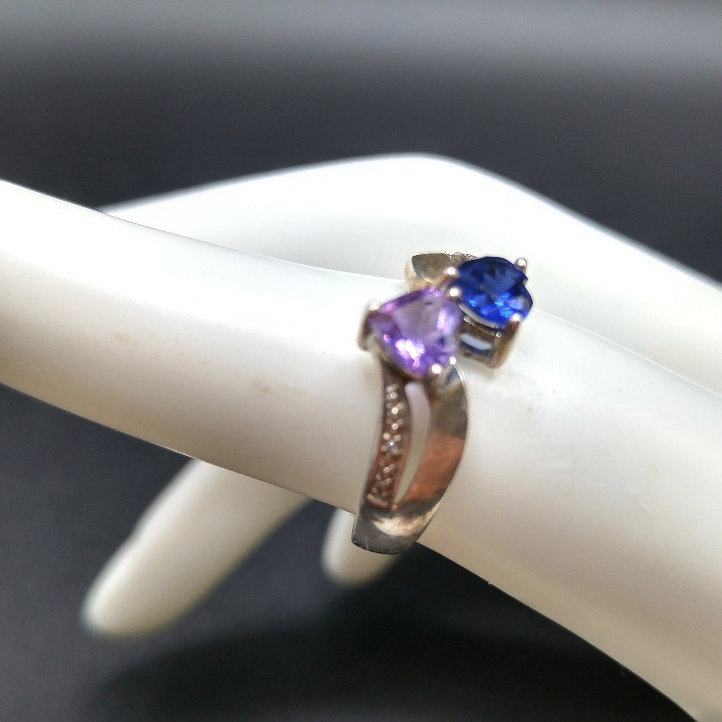 Sterling Silver Heart Ring with Blue Topaz & Amethyst, Size 5.5, 1980s–1990s