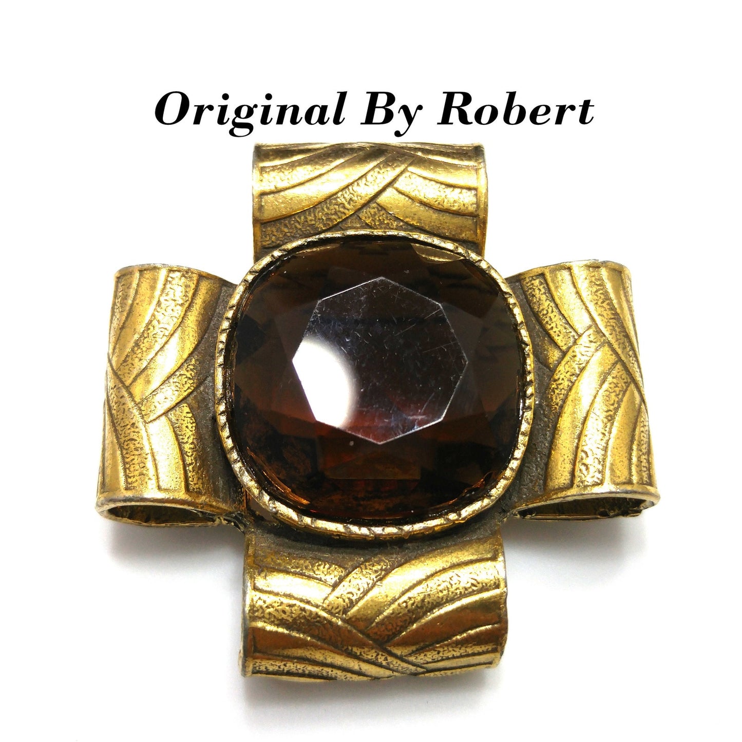 Mid-Century "Original By Robert" Topaz Glass Brooch Pendant, Gold Plated, 1950s Vintage Jewelry