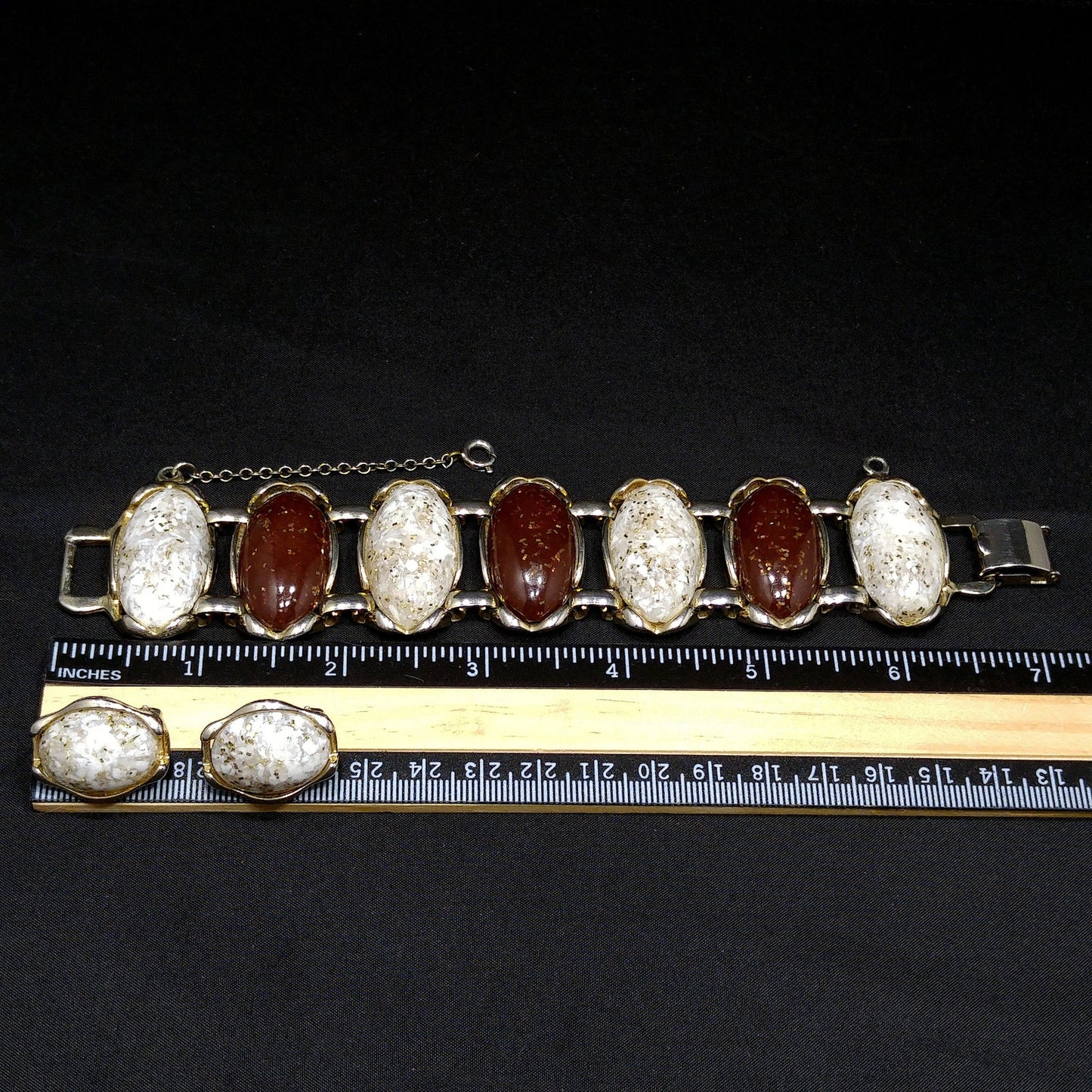Lucite Confetti Cab Bracelet & Earrings, Gold Glitter Cabochons, 1950s Vintage Jewelry
