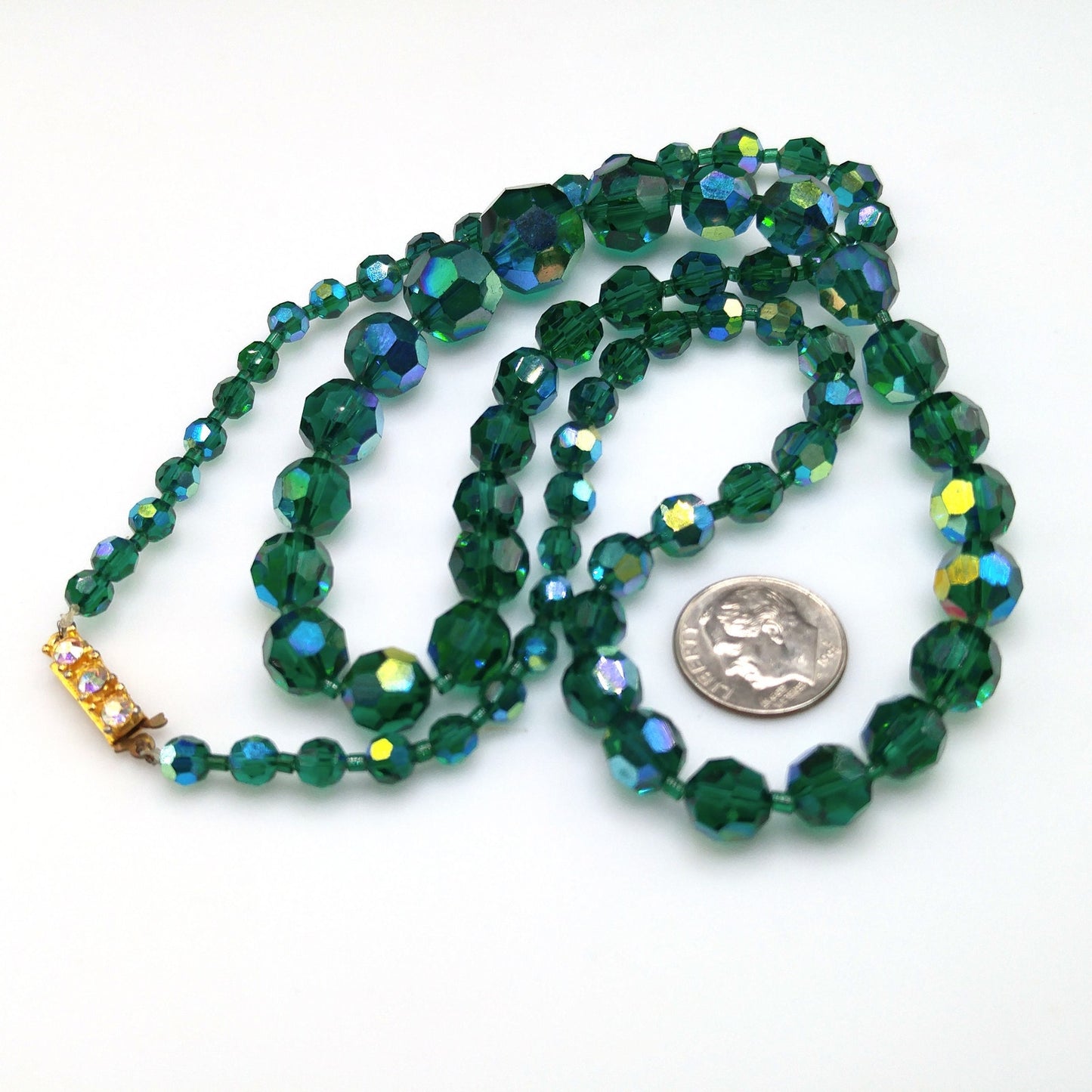 Dark Green Crystal Necklace, Aurora Borealis, Rhinestone Clasp, 1960s Vintage Jewelry