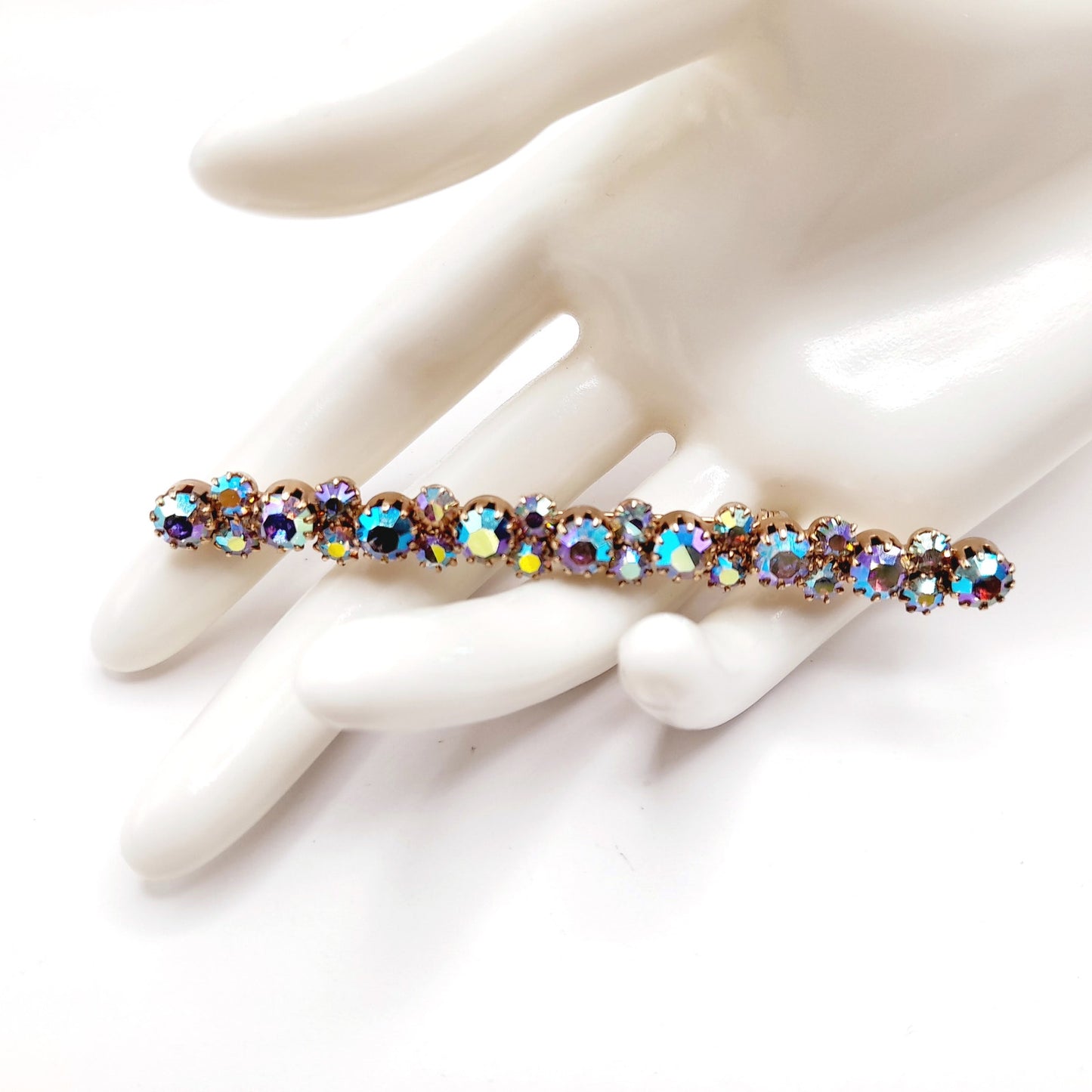 Vintage Aurora Borealis Rhinestone Bar Pin, Gold Plated Backing, Prong Set, 3 1/2 Inch