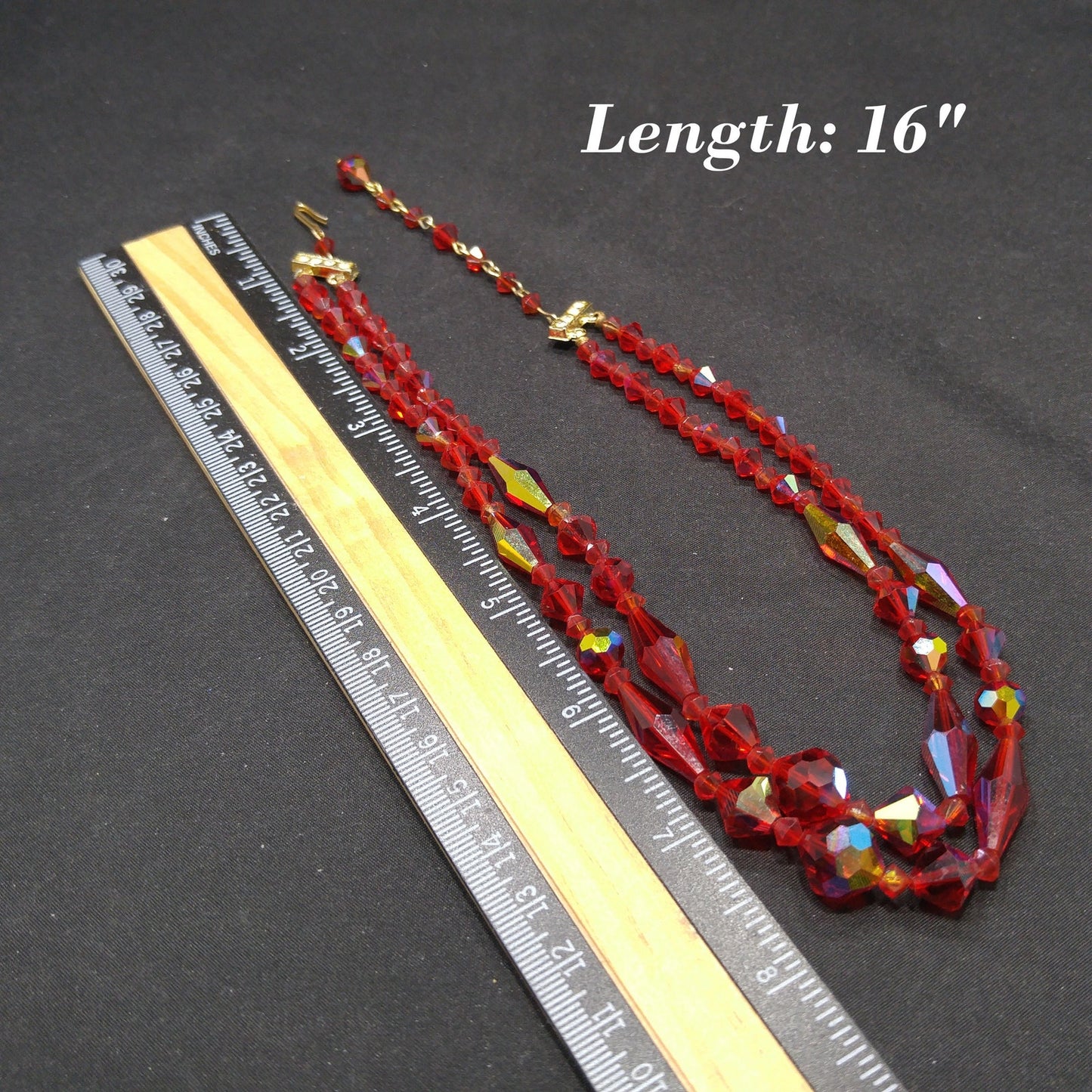 Red Aurora Borealis Crystal Beaded Necklace, Two Strands, 1950s Vintage Jewelry