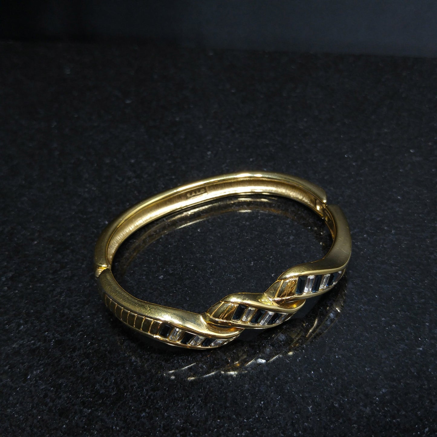 Swarovski Blue Rhinestone Hinged Bracelet, Gold Plated, 1970s Vintage Jewelry