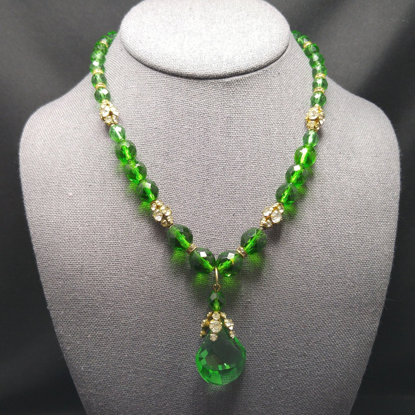 Green Czech Glass Pendant Necklace, Clear Rhinestones, 1950s Vintage Jewelry