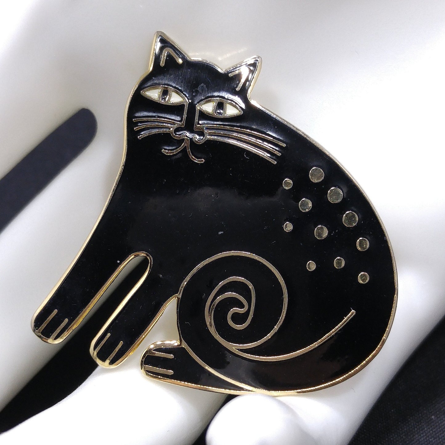 Vintage Laurel Burch Black "Keshire Cat" Brooch, Gold Plate, Black Enamel, 1980s