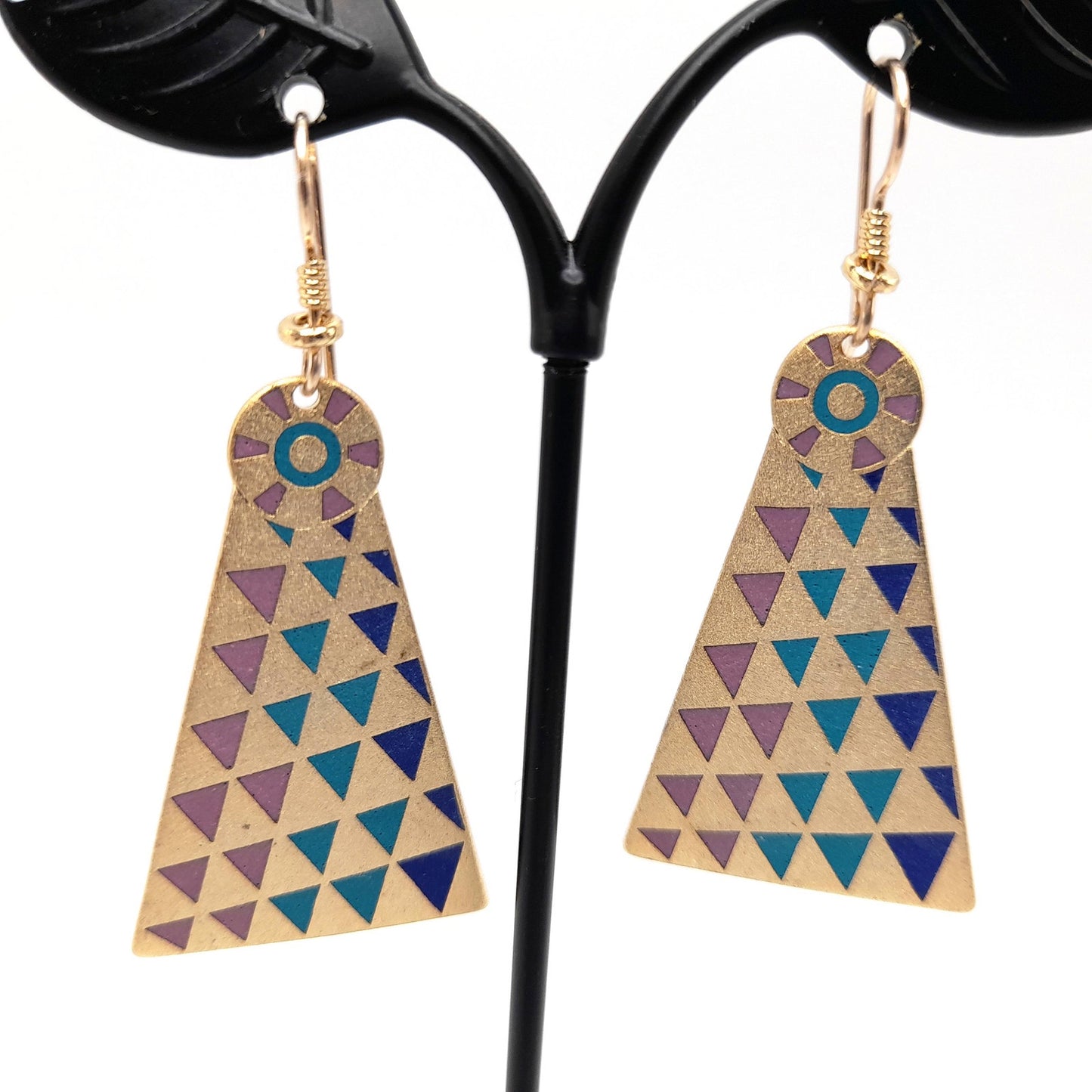 Laurel Burch Geometric Long Earrings, Gold Filled Ear Wires, 1980s Vintage Jewelry
