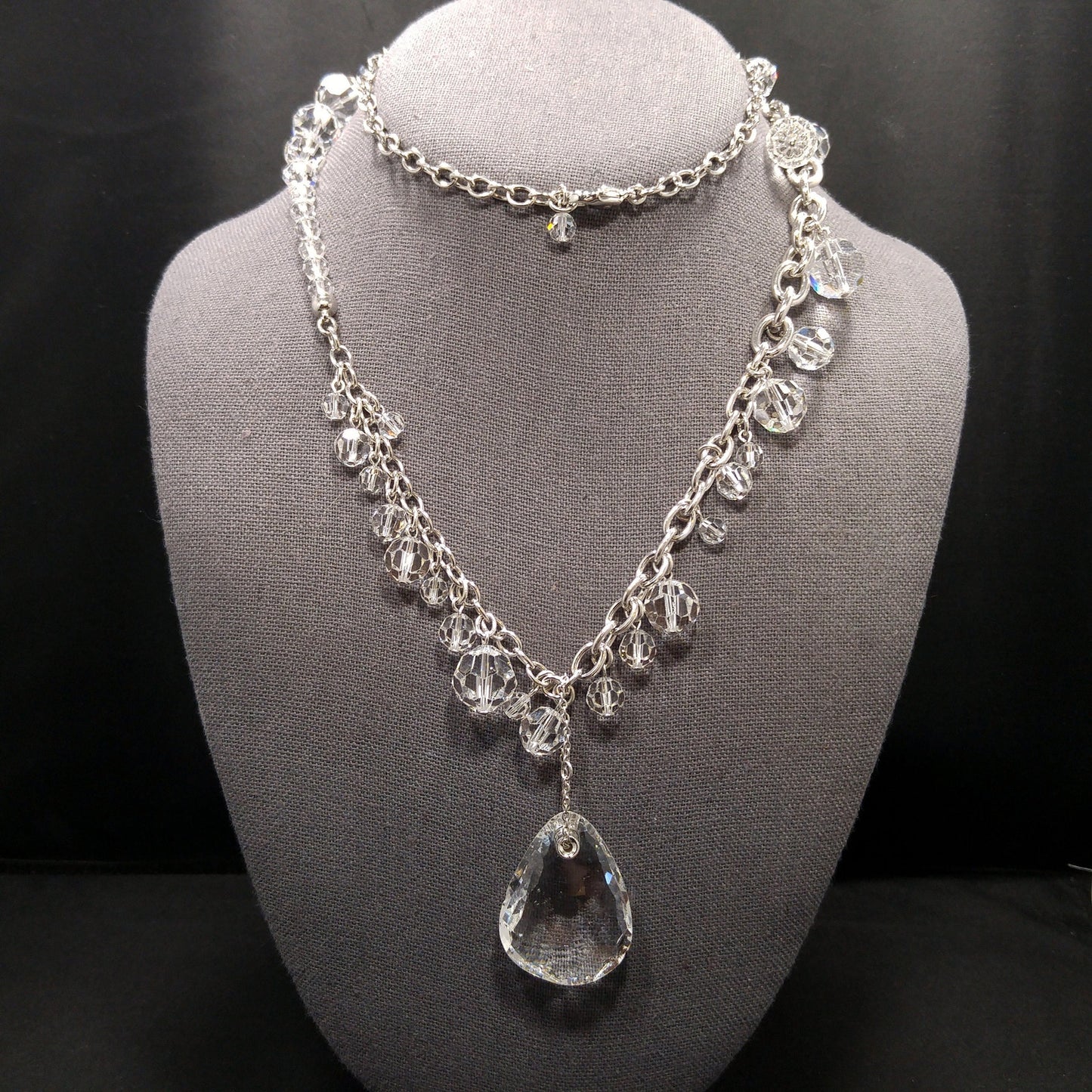 Vintage Swarovski Swan Logo Long Crystal Necklace Teardrop Pendant 1990s
