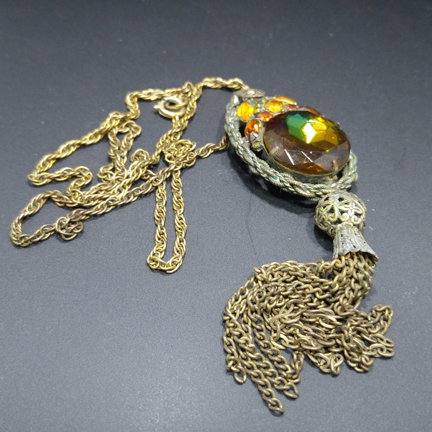 Victorian Purple Topaz Glass Pendant Necklace, Golden Brass, 1920s Vintage Jewelry