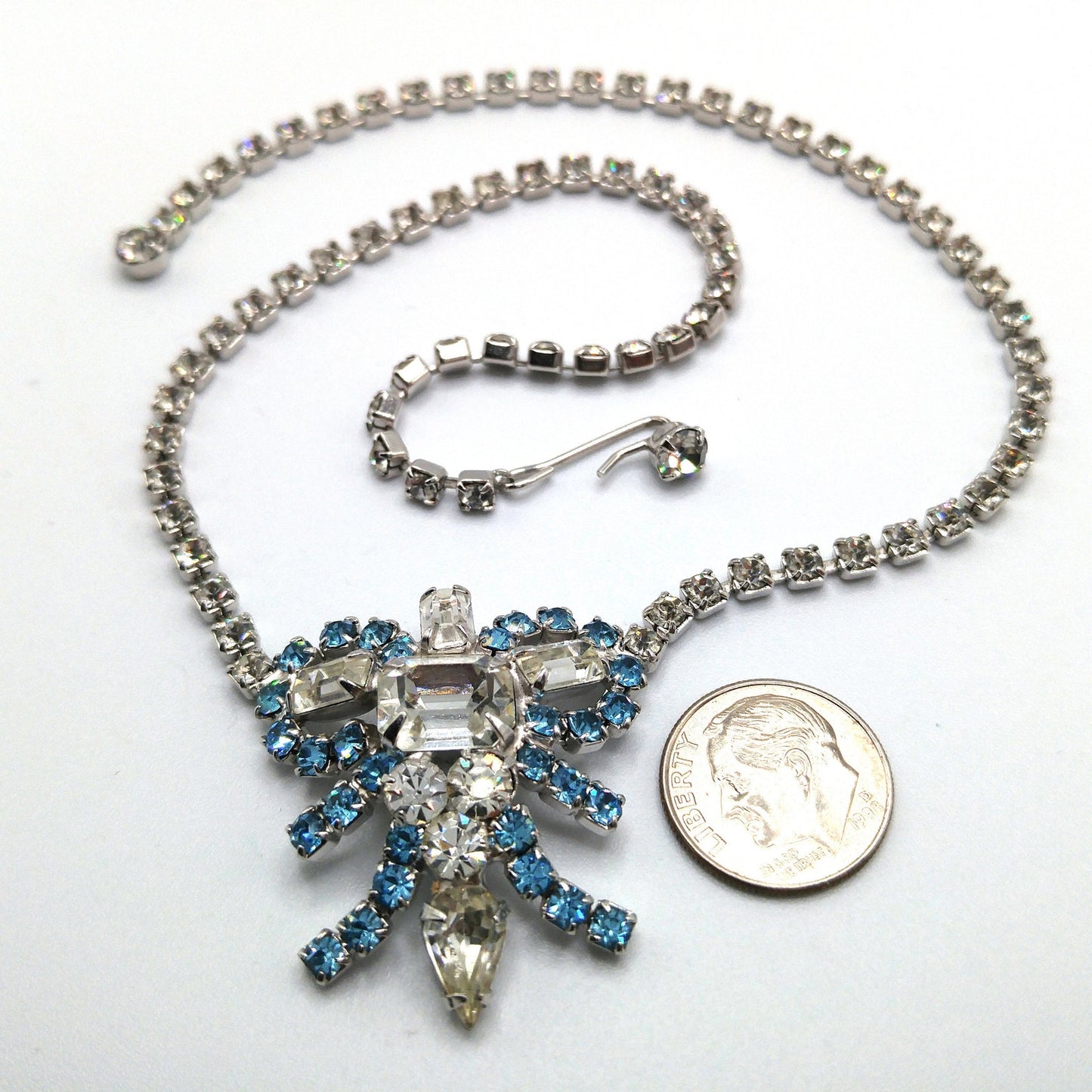Mid-Century Turquoise Blue Clear Rhinestone Choker Necklace, Rhodium Plated, 1960s Vintage Jewelry