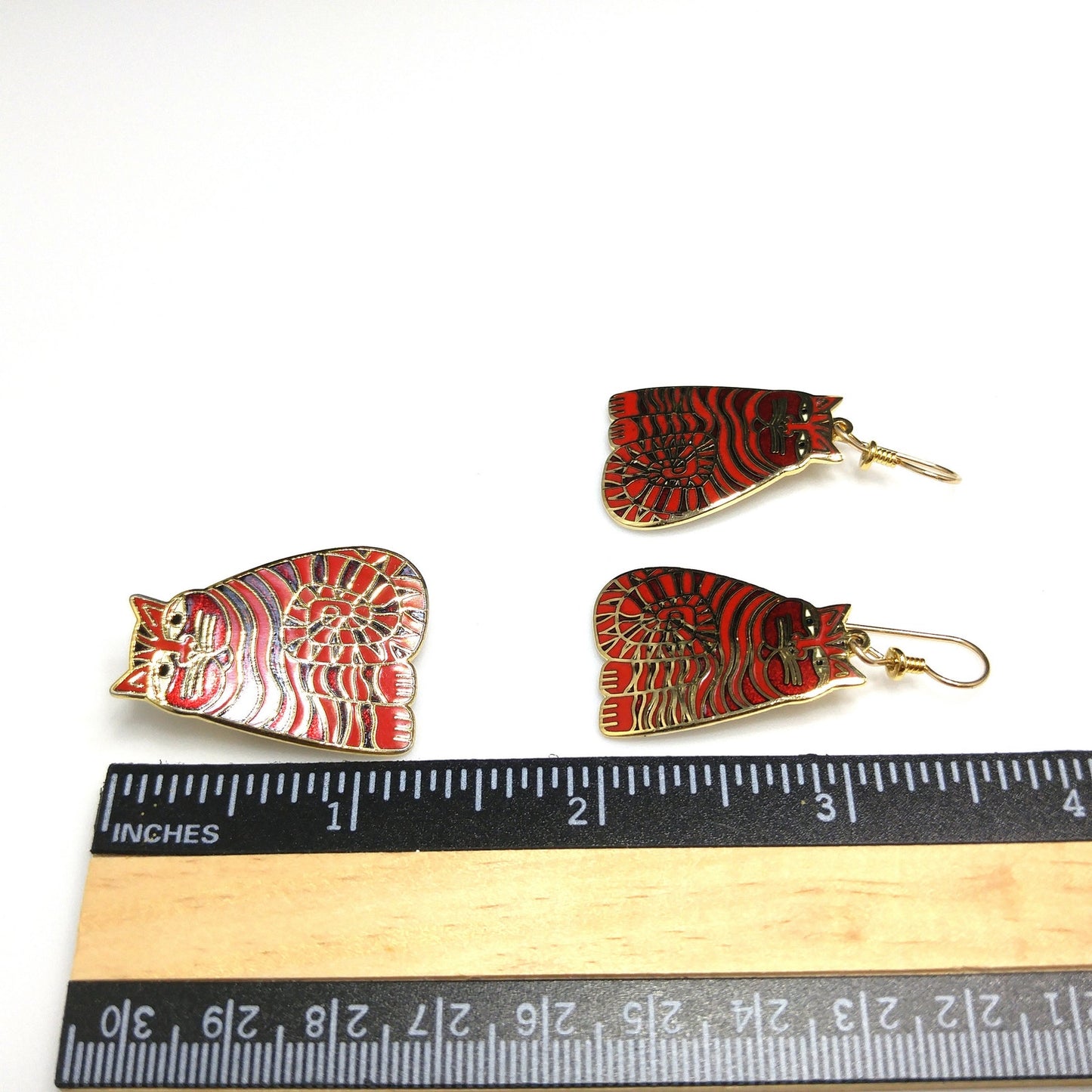 Laurel Burch "Shambala" Red Cat Brooch & Earrings, Gold Plated Cloisonné Enamel, 1980s Vintage Jewelry